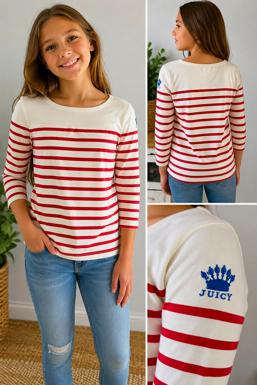 Juicy Couture Girls Size 14 Red White Striped 3/4 Sleeve Top Crown Logo